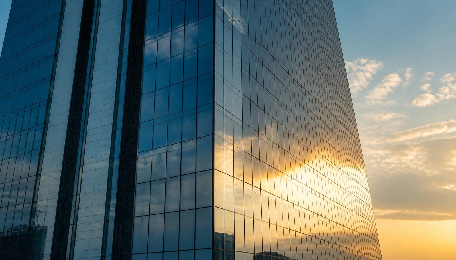 Modern glass skyscraper facade at golden hour